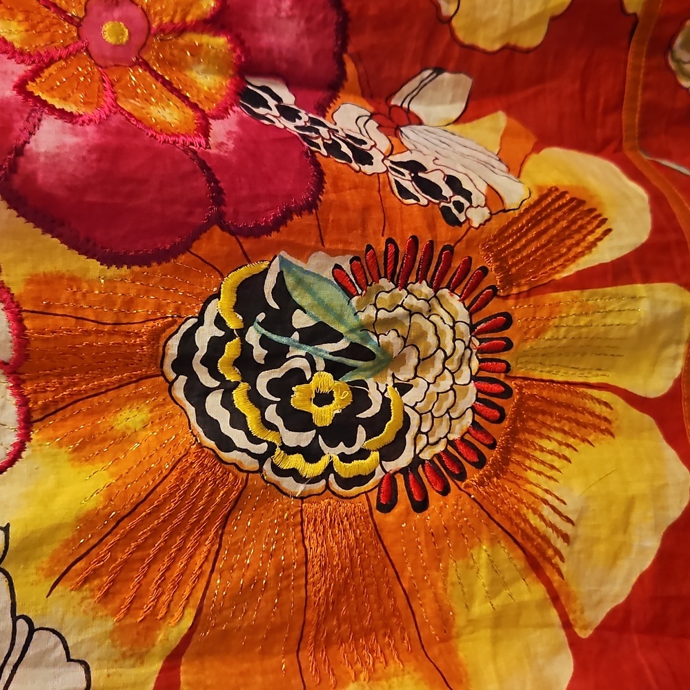 Ritu Kumar Red Floral Embroidered Cotton Dress, 4, XS, Boho, Beaded, Vacation - Picture 4 of 12
